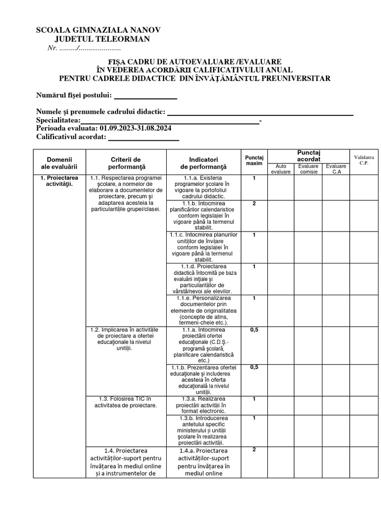 Fisa de Autoevaluare Evaluare 2024 NANOV | PDF