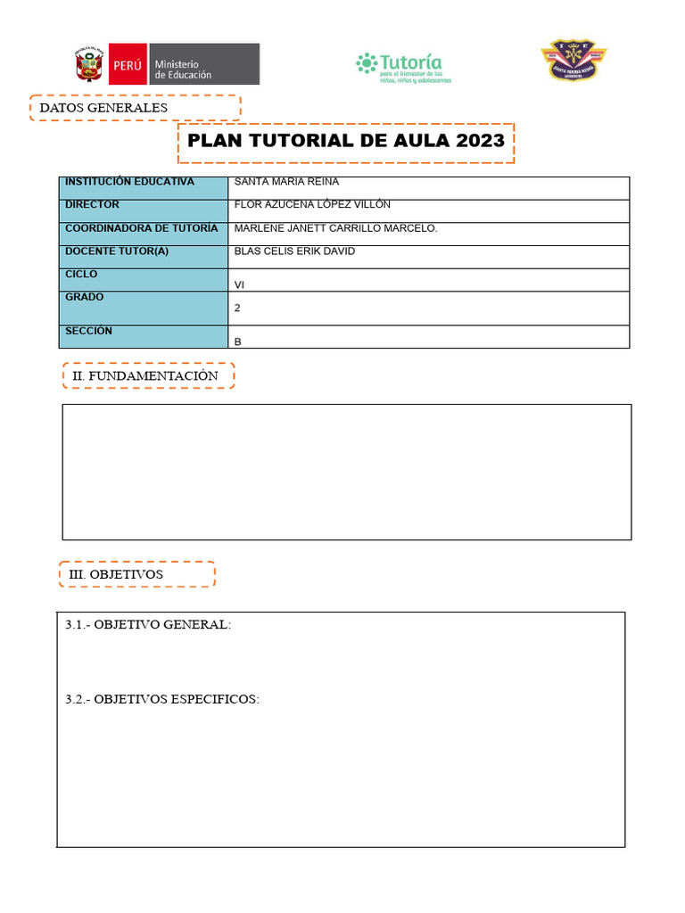 Plan Tutorial Aula 2023 - Santa María Reina | PDF | Evaluación ...