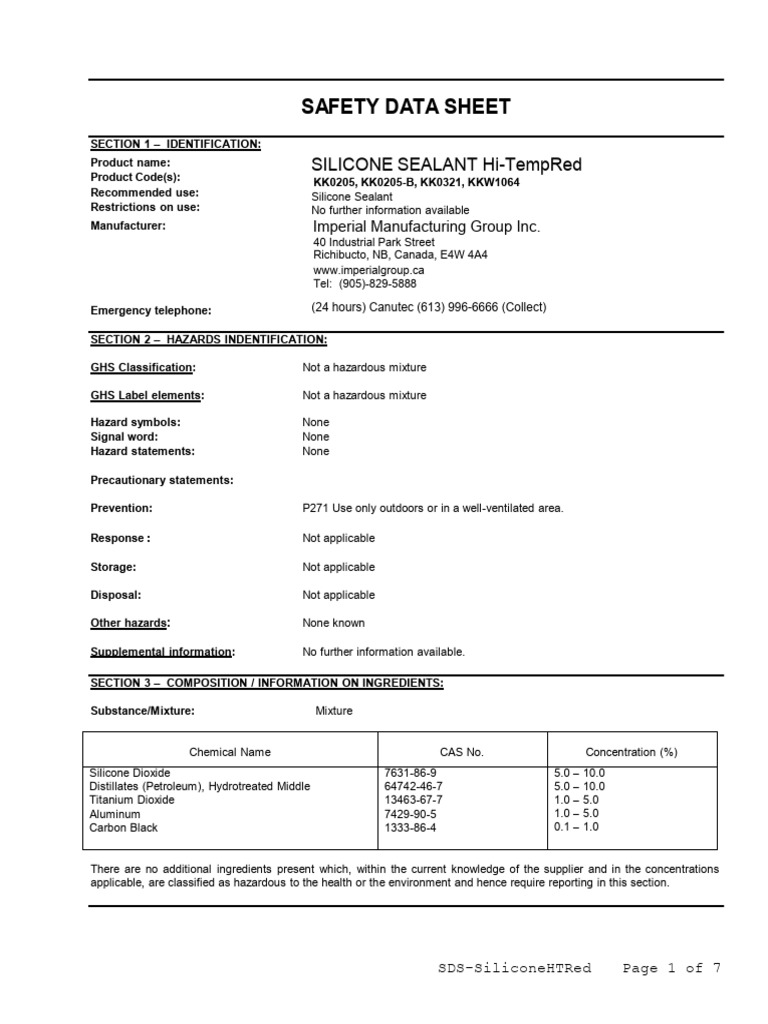 Silicone Sealant HT Red SDS PDF Personal Protective Equipment