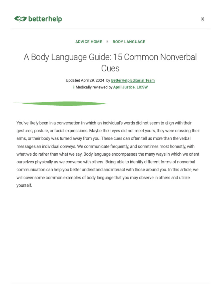 A Body Language Guide - 15 Common Nonverbal Cues - BetterHelp | PDF ...