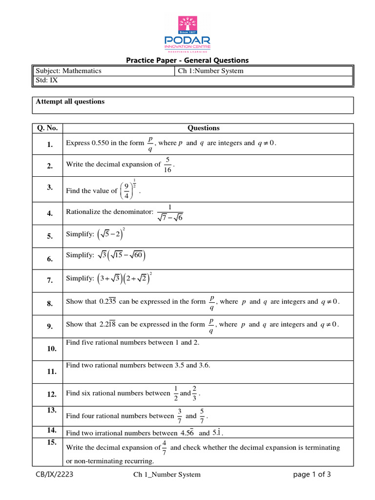 IX Grade Math Practice Paper: Number System | PDF | Numbers | Rational ...