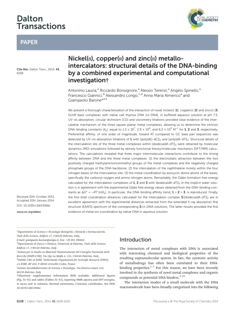 Metal Complexes as DNA Intercalators | PDF | Coordination Complex | Dna