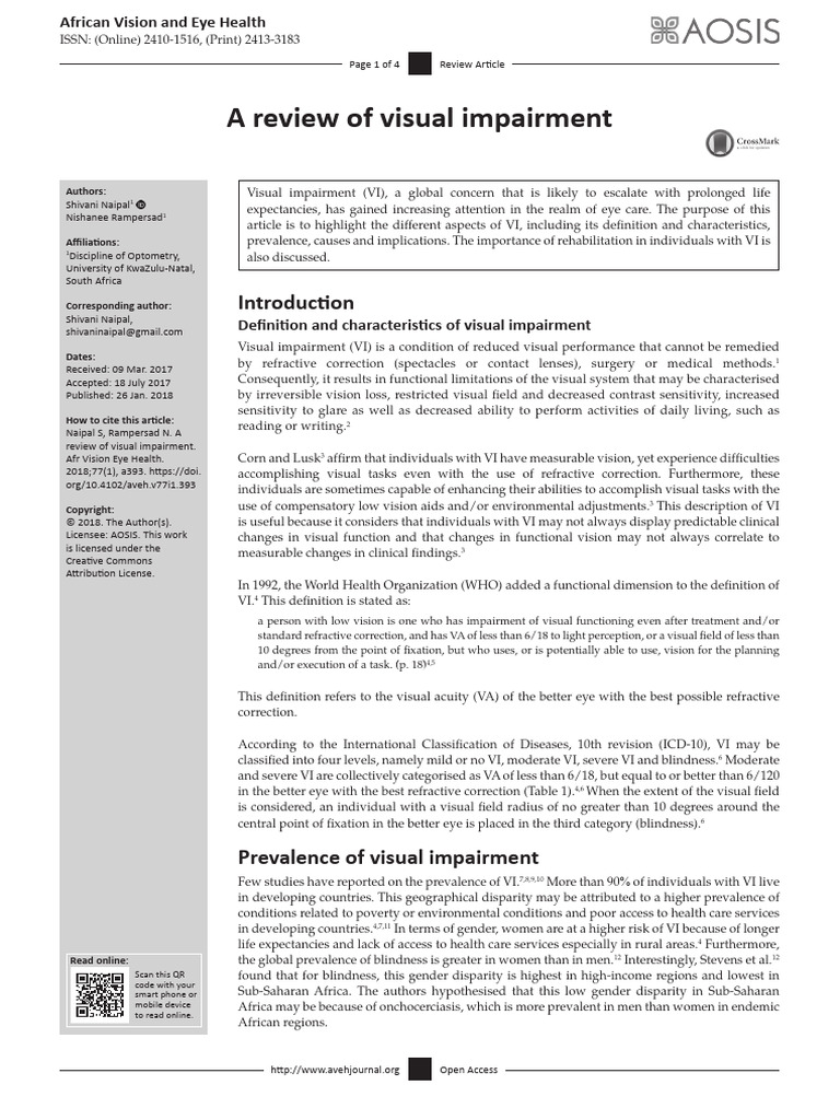 A Review Of Visual Impairment Pdf Visual Impairment Physical Therapy