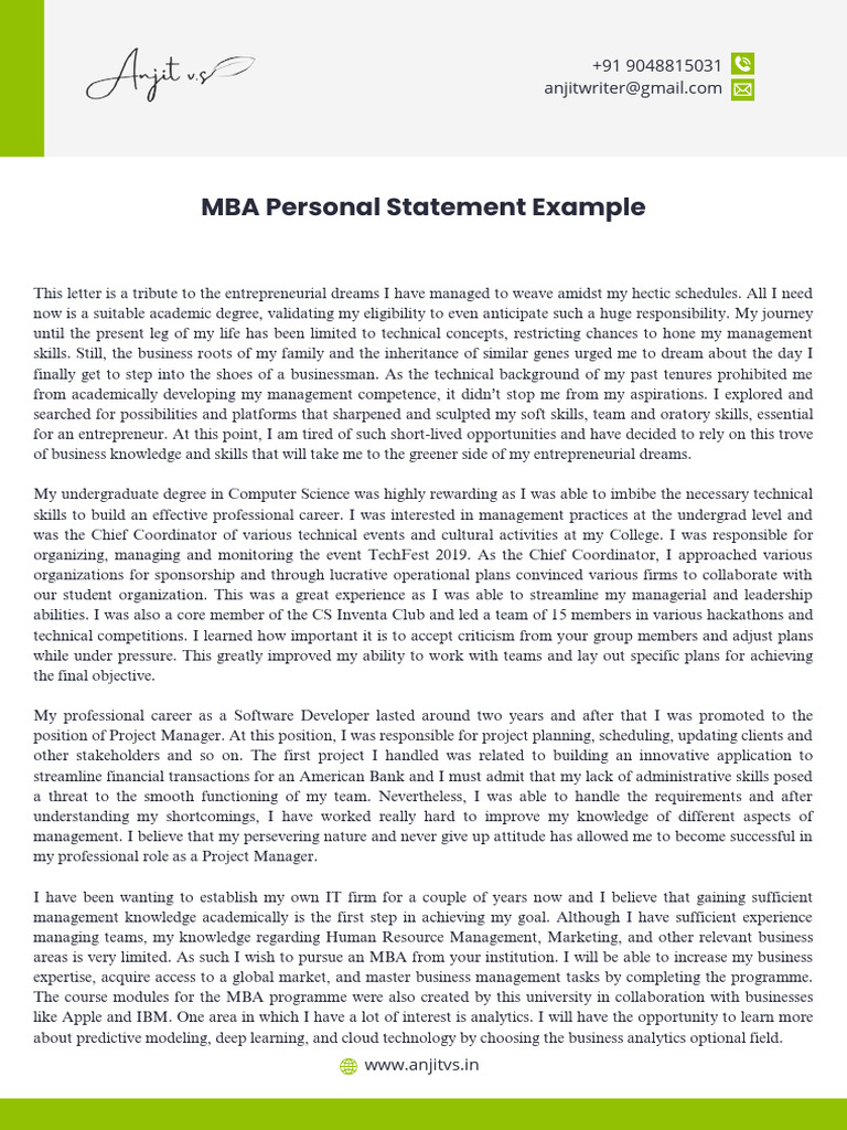 MBA Personal Statement Example | PDF | Analytics | Knowledge