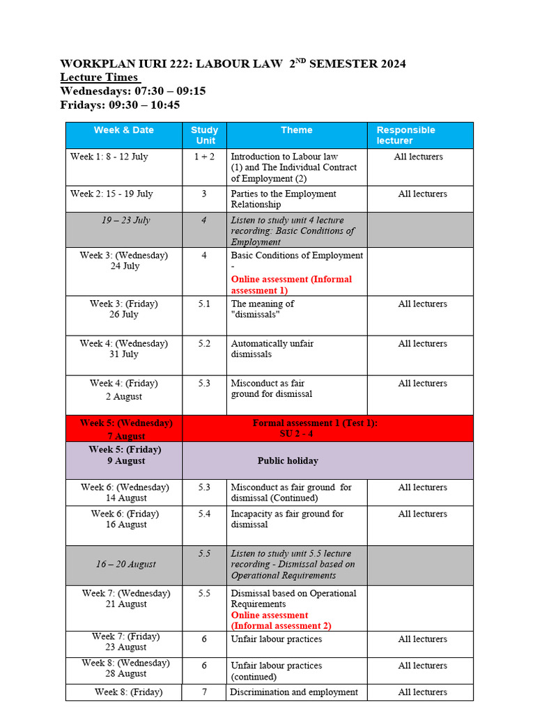 IURI 222 Labour Law Workplan 2024 | PDF | Labor Relations | Private Law
