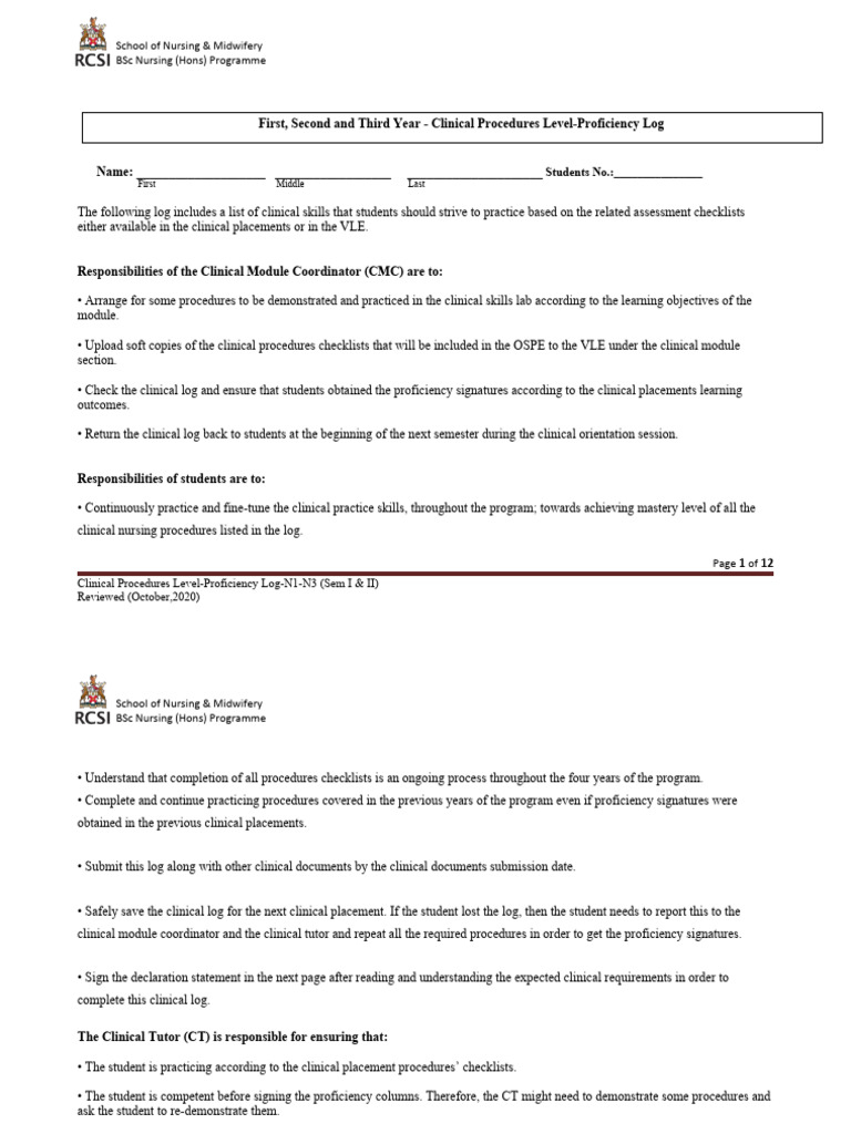 N1 - N3 - Clinical Procedures Level-Proficiency Log - Reviewed OCT 2020 ...