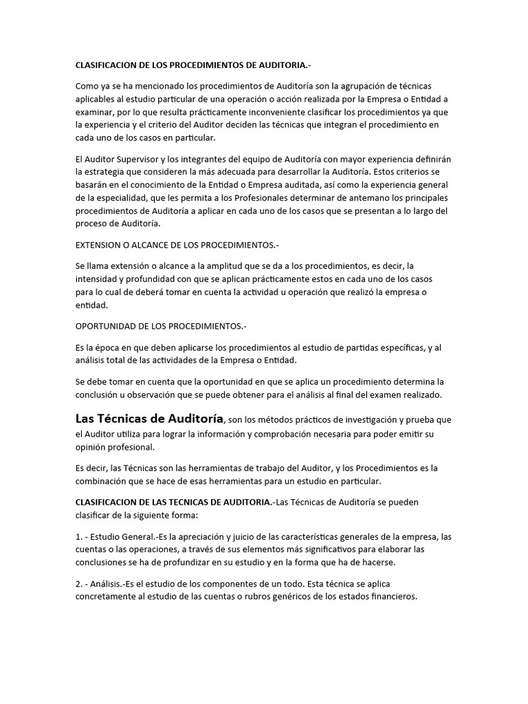 Clasificacion de Los Procedimientos de Auditoria | PDF | Auditoría ...