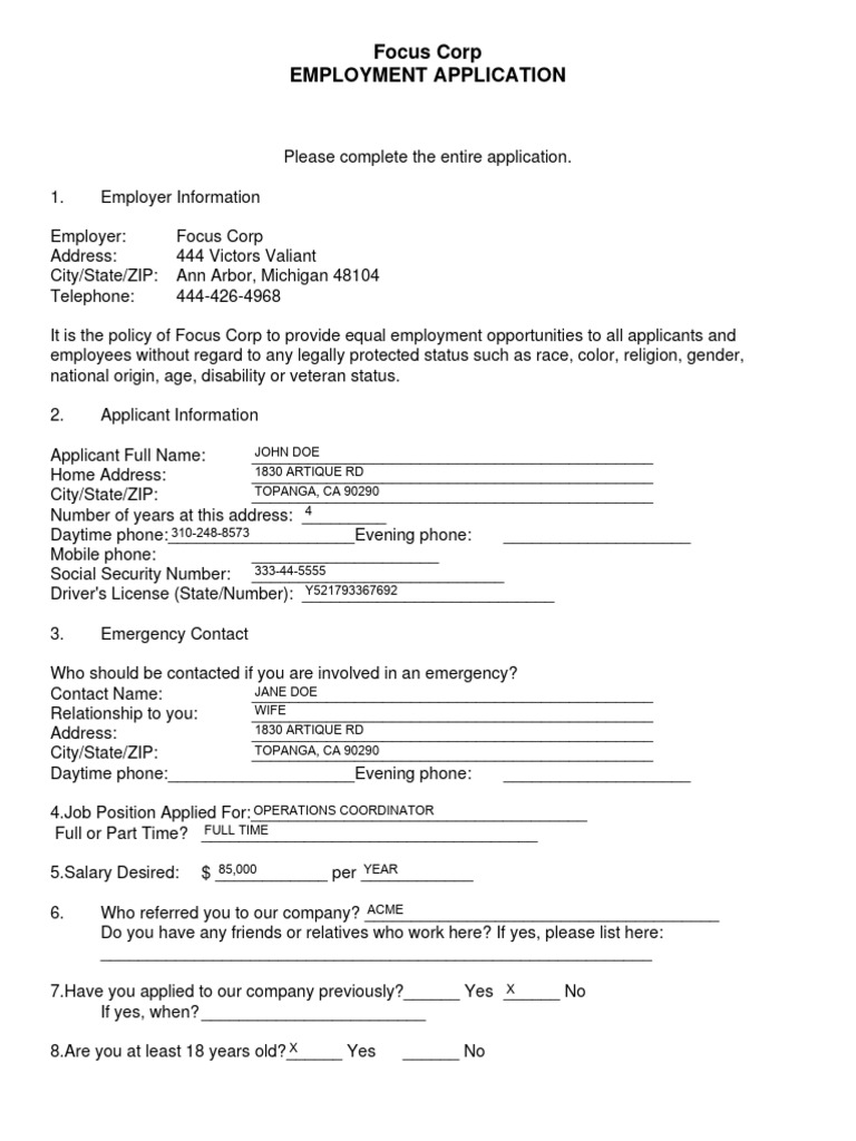 Focus Corp Employment Application Form | PDF | Identity Document ...