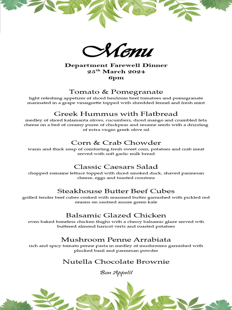 Farewell Dinner Menu - March 2024 | PDF