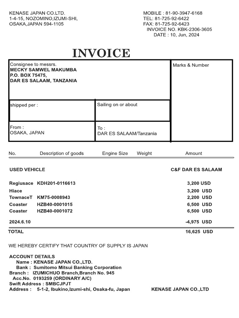 Invoice for Used Vehicles from Japan | PDF