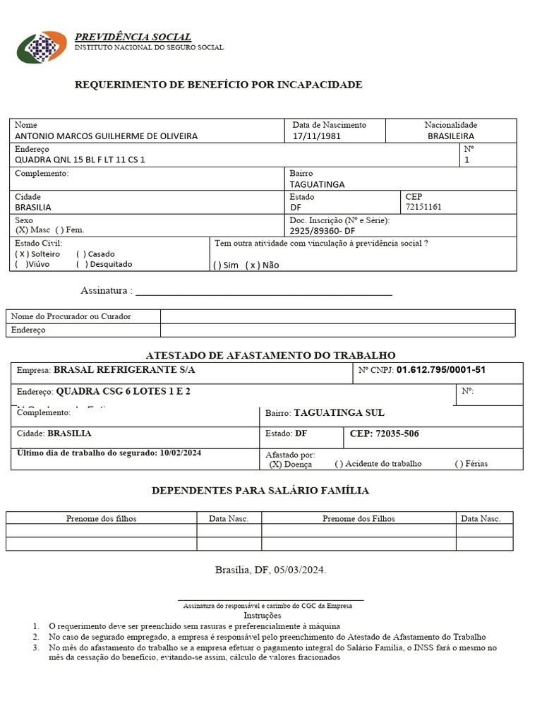 Requerimento de Benefício por Incapacidade | PDF | Politica Social ...