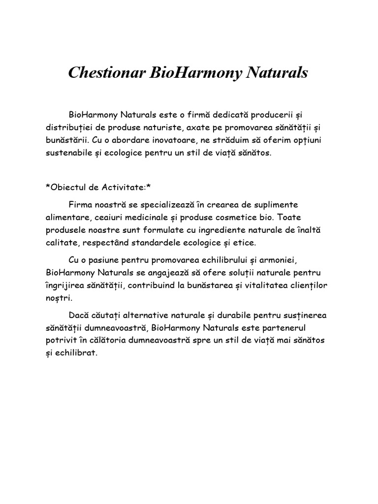 Chestionar BioHarmony Naturals | PDF
