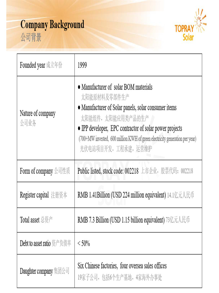 Topray Solar Company Overview | PDF | Electrical Engineering | Energy And  The Environment