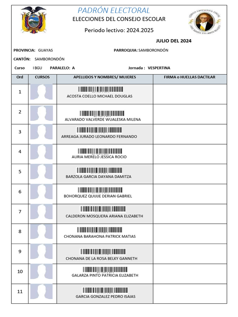 PADRÓN ELECTORAL 2024 2025 I BGU A VESPERTINA PDF