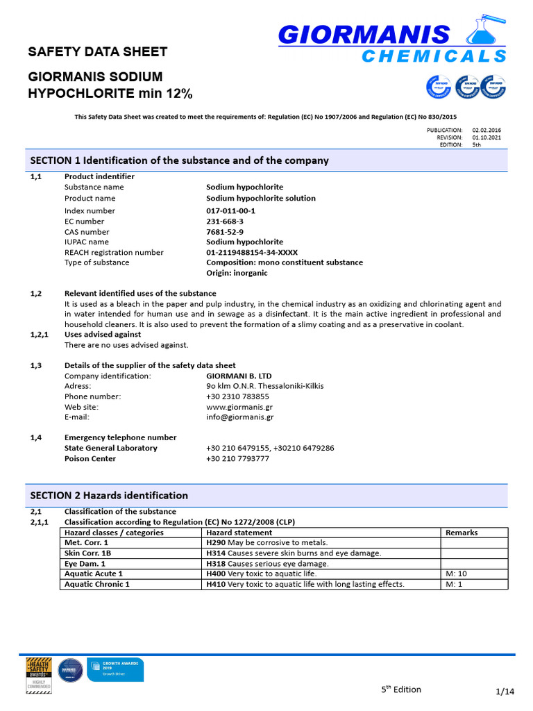 Sds Sodium Hypochlorite Min 12 Pdf Chlorine Chemistry