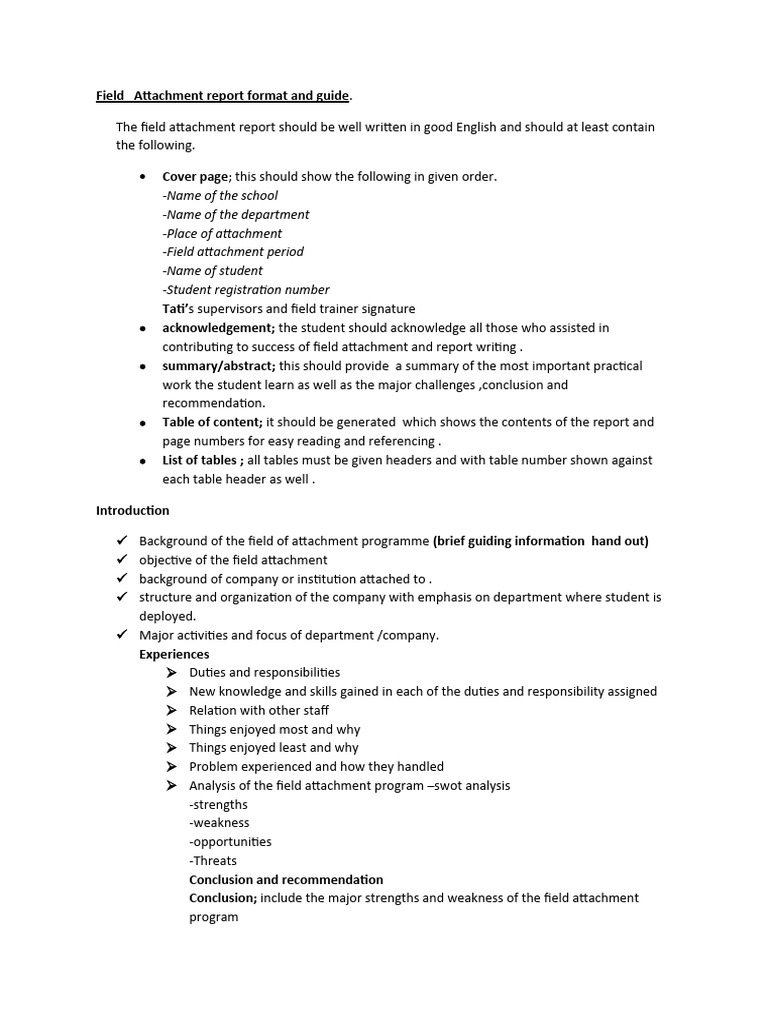 Field Attachment Report Guidelines | PDF | Experience | Swot Analysis