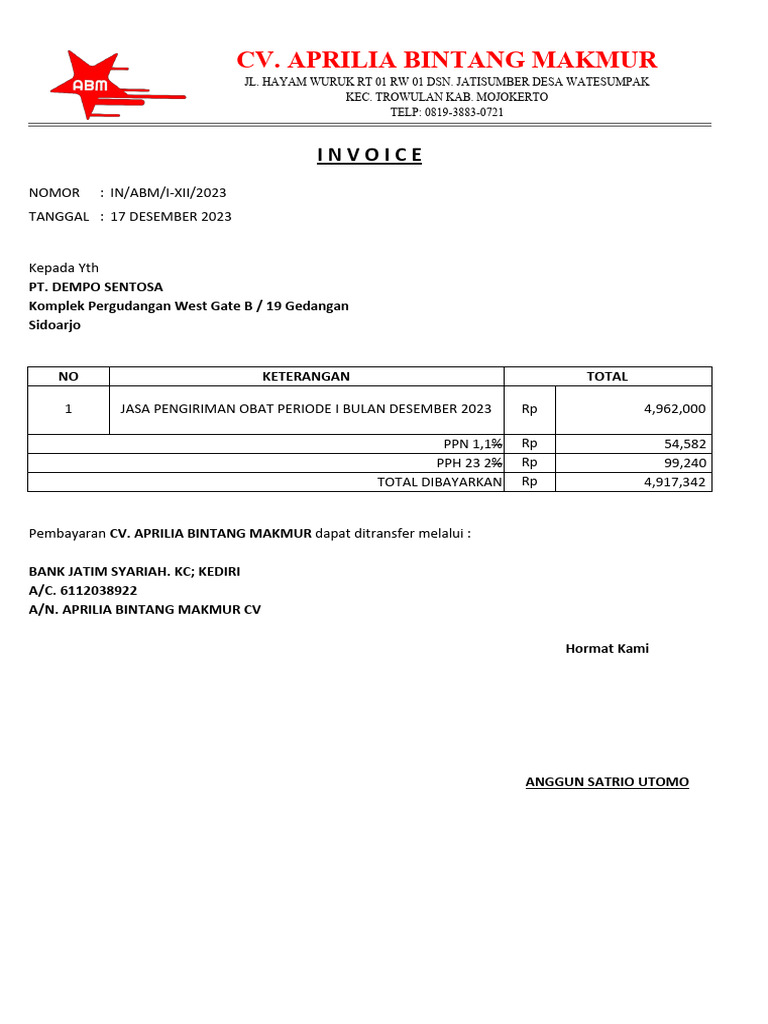 Invoice Pt. Dempo Sentosa Desember | PDF