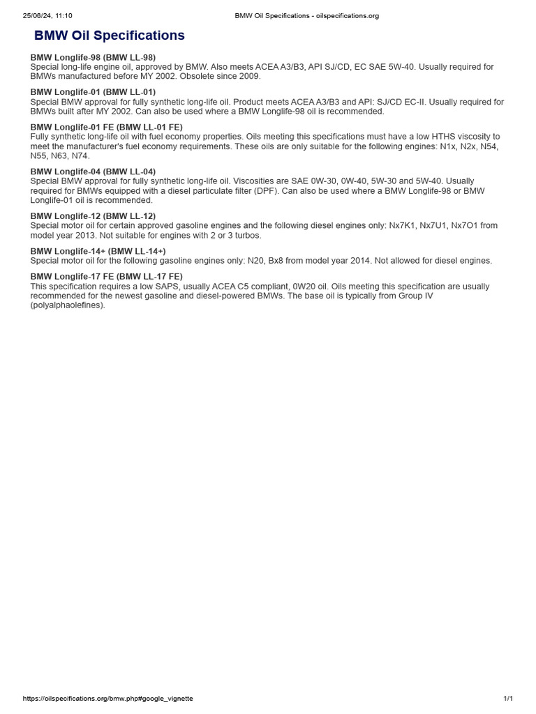 BMW Engine Oil Specifications Guide | PDF