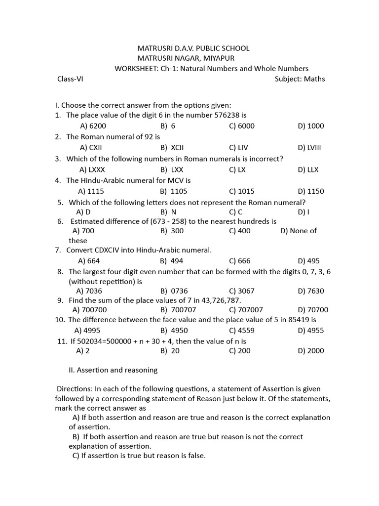 Classvi math ch 1 worksheet natural numbers and whole numbers holiday