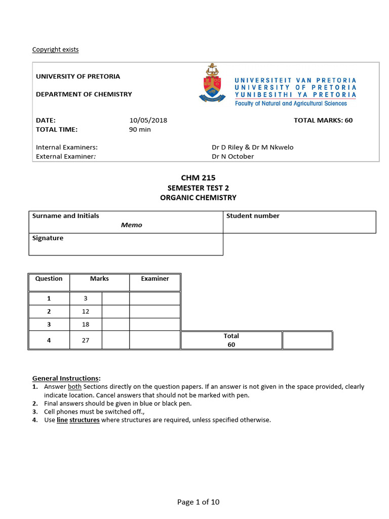 CHM 215 Semester Test 2 - Memo (2018) Ver 2 DLR Edit | PDF | Chemistry ...