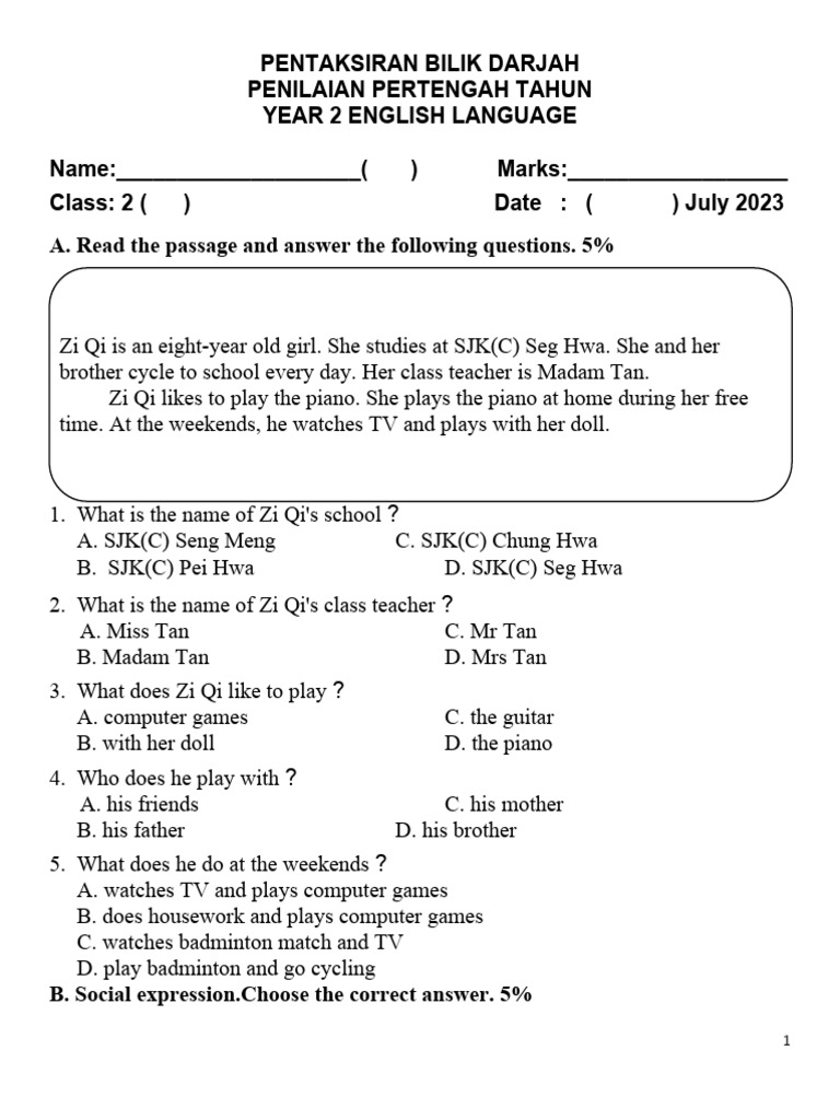 Year 2 English Paper 2023 | PDF