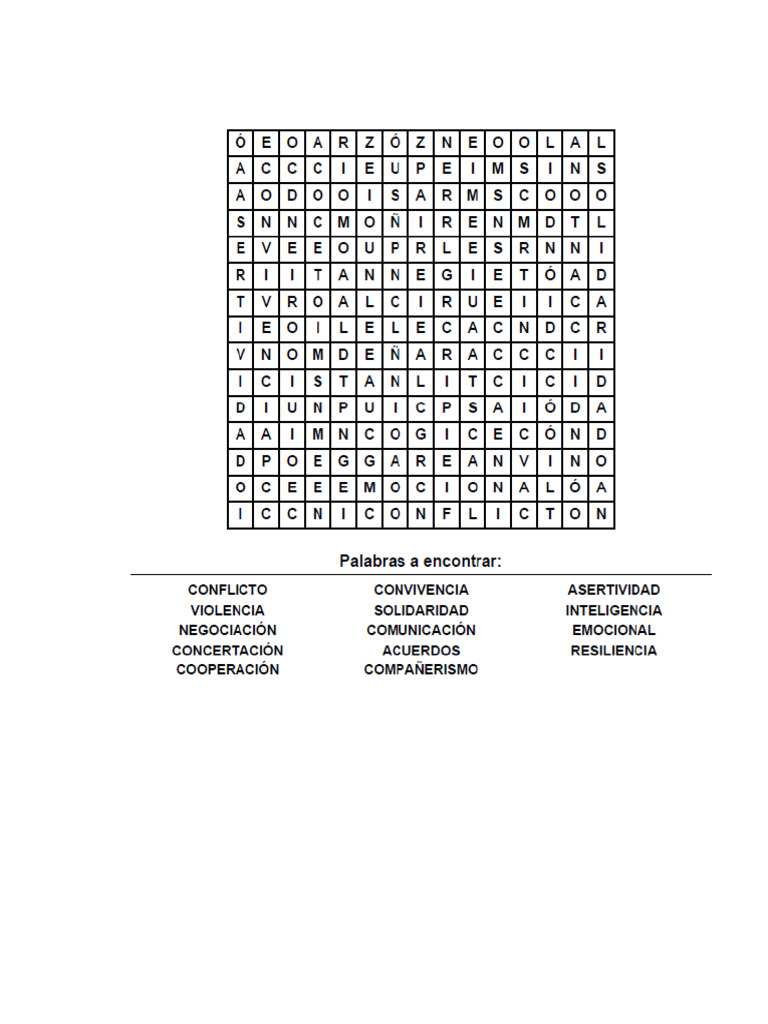 Sopa de Letra Resolución de Conflictos y Buena Convivencia | PDF