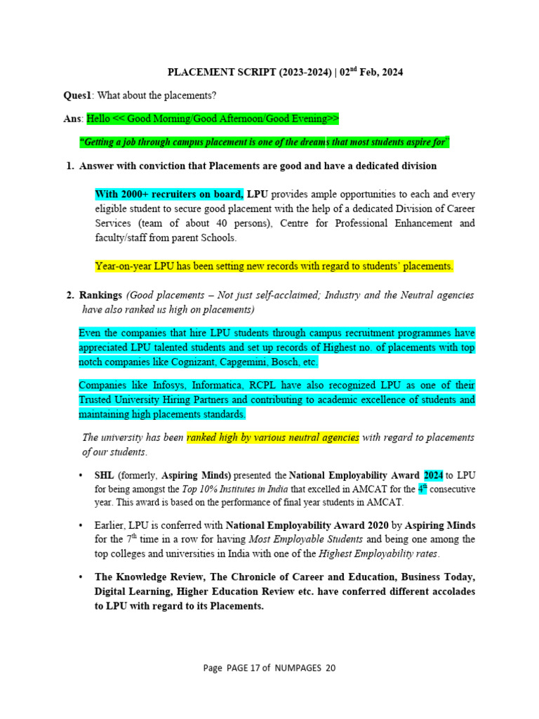 Placement Script For Admissions 2024 | PDF | Internship | Job Hunting
