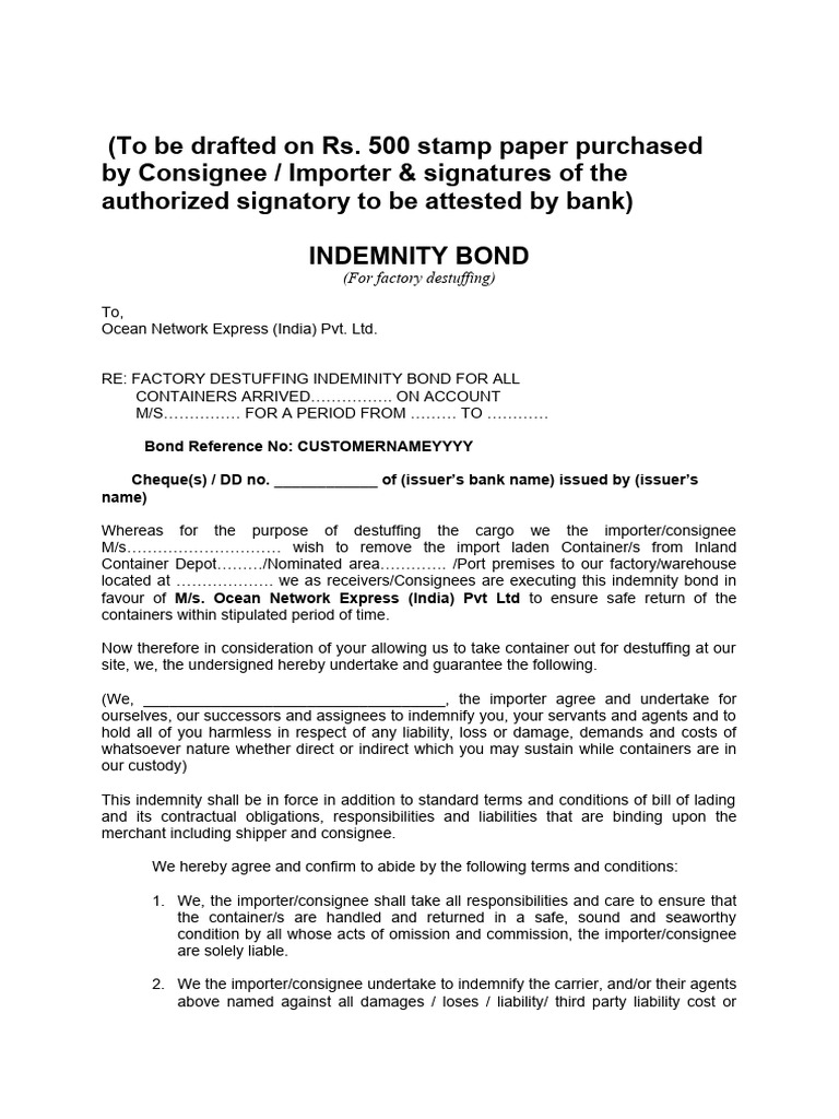 Factory Destuffing Indemnity Bond Template | PDF | Legal Liability ...