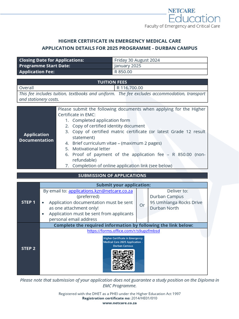 Higher Certificate Emc 2025 Application Details Durban Campus Pdf