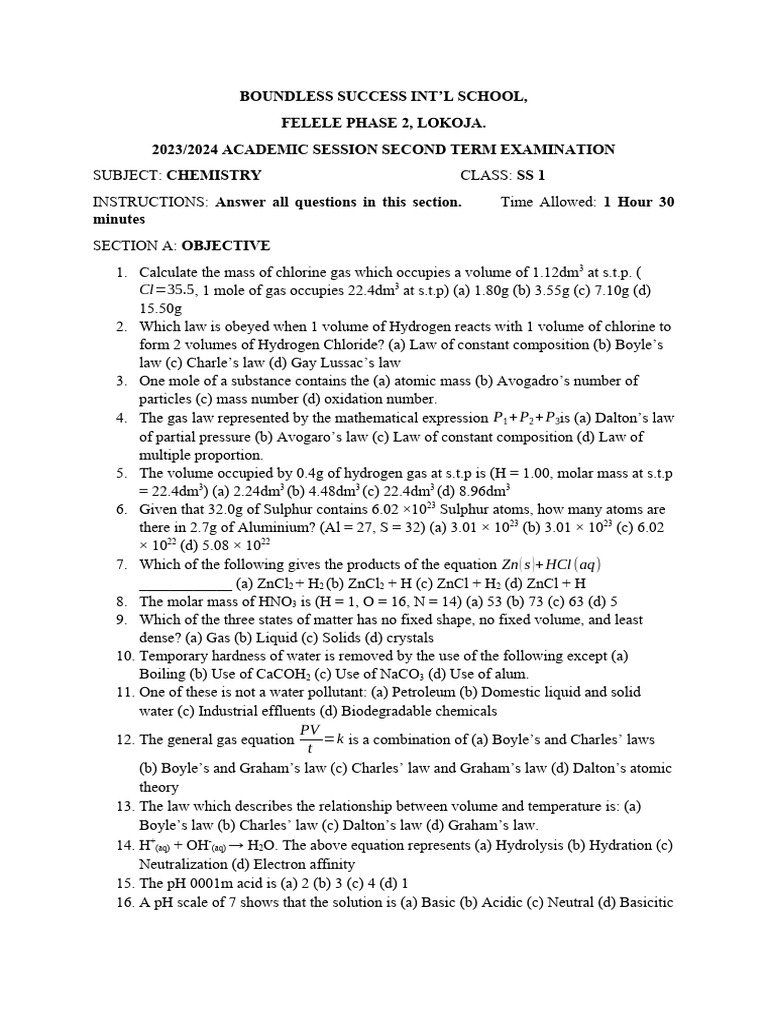 Chemistry SS1 (4 Copies) | PDF | Acid | Gases