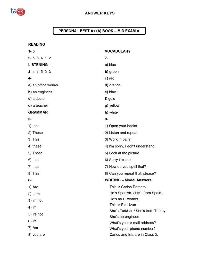 Personal Best A1 Answer Keys | PDF | Linguistics | Linguistic Typology