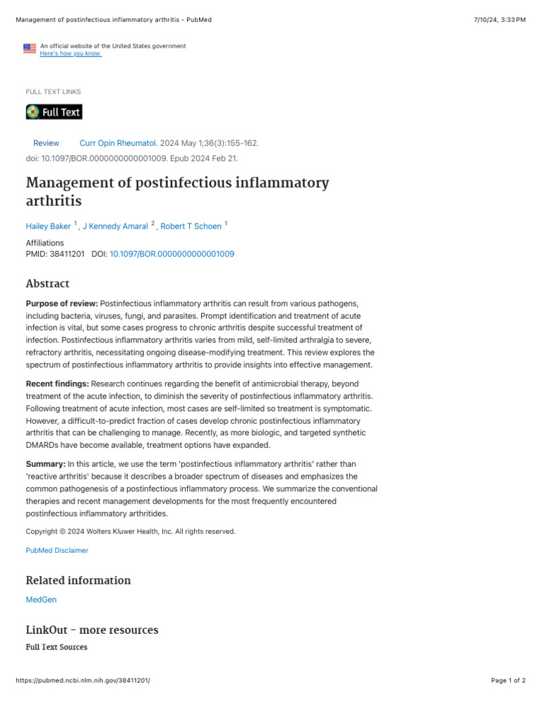Management of Postinfectious Inflammatory Arthritis - PubMed | PDF ...