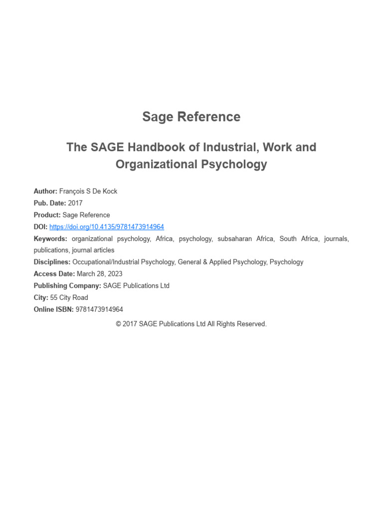 The Sage Handbook of Industrial Work and Org Psychology Vol3 | PDF ...