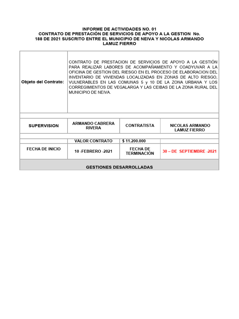 Informe de Actividades Contrato Neiva 2021 | PDF