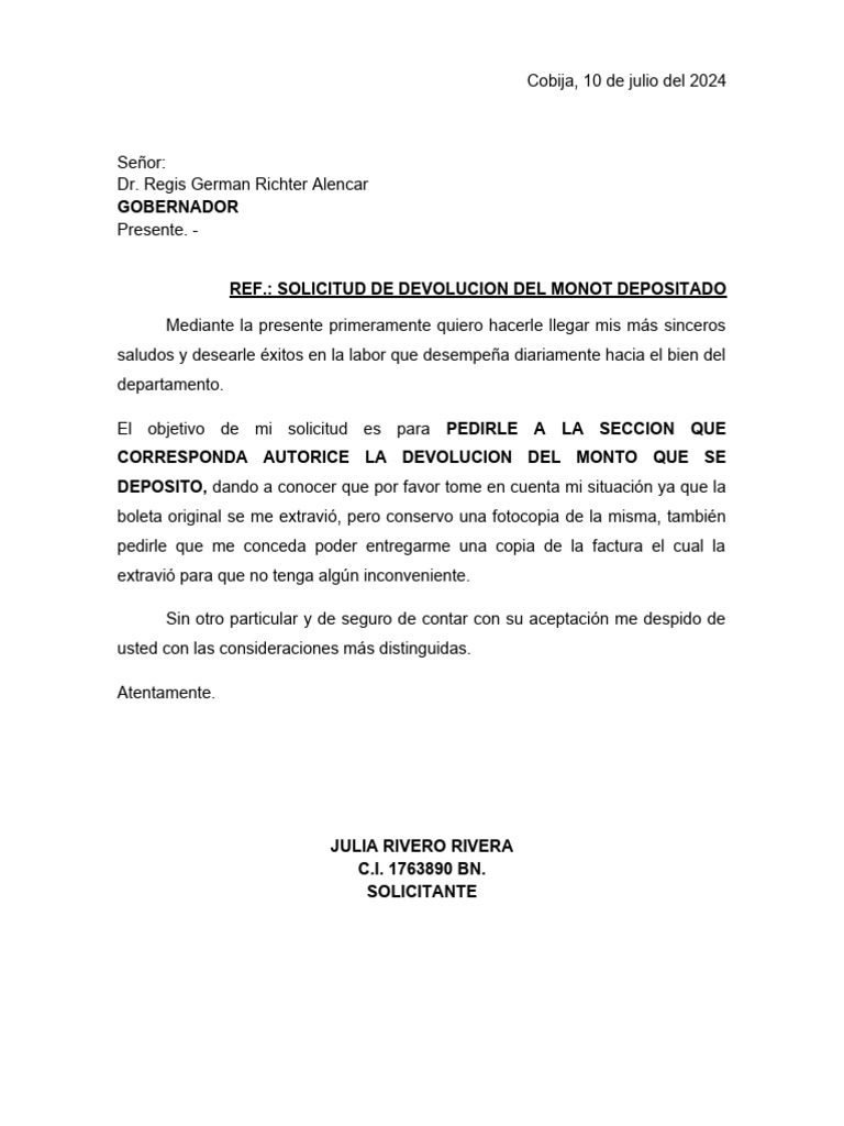 Solicitud de Devolución de Dinero | PDF