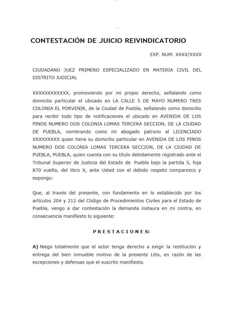Contestación a Juicio Reivindicatorio | PDF | Demanda judicial ...