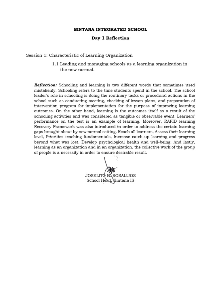 Learning Organization in Schools: Day 1 Reflection | PDF | Career ...
