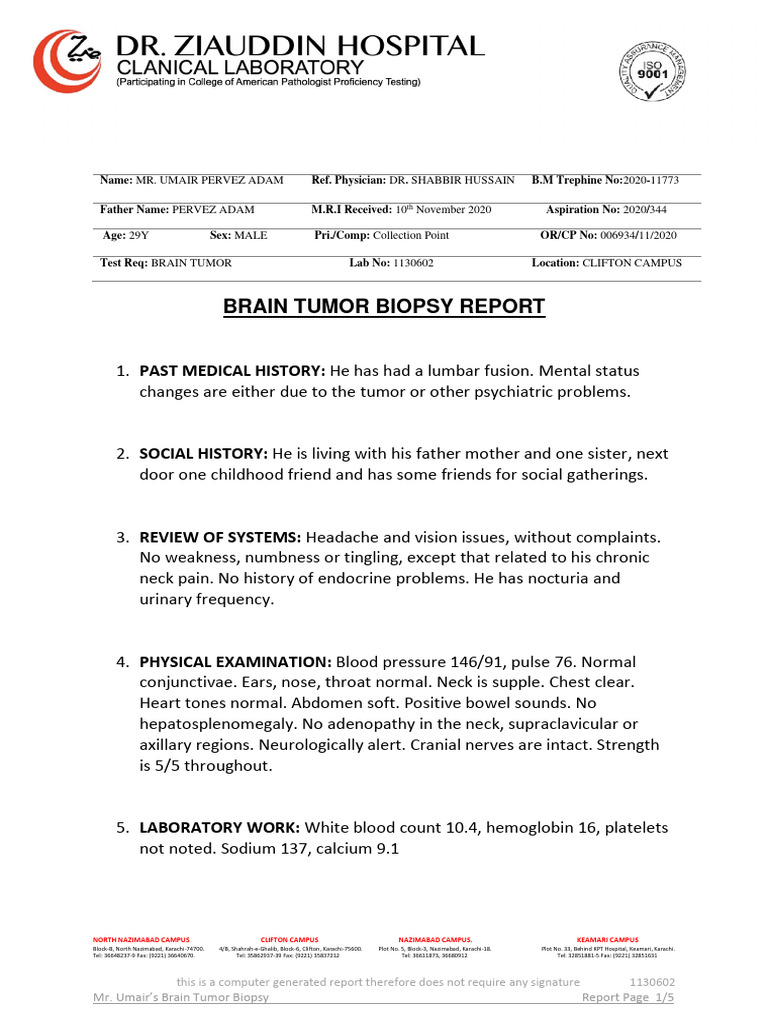 Brain Tumor Biopsy Report for Umair | PDF | Headache | Magnetic ...