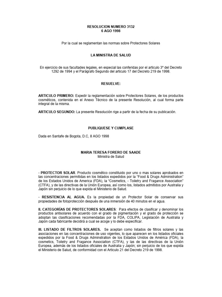 Resolucion - 3132 - 1998 (Protectores Solares) | PDF | Protector solar