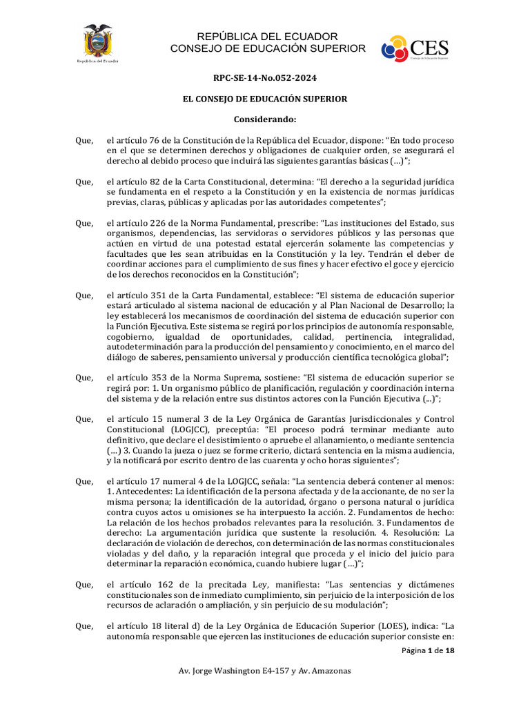 Normativa del Consejo de Educación Superior | PDF | Constitución ...