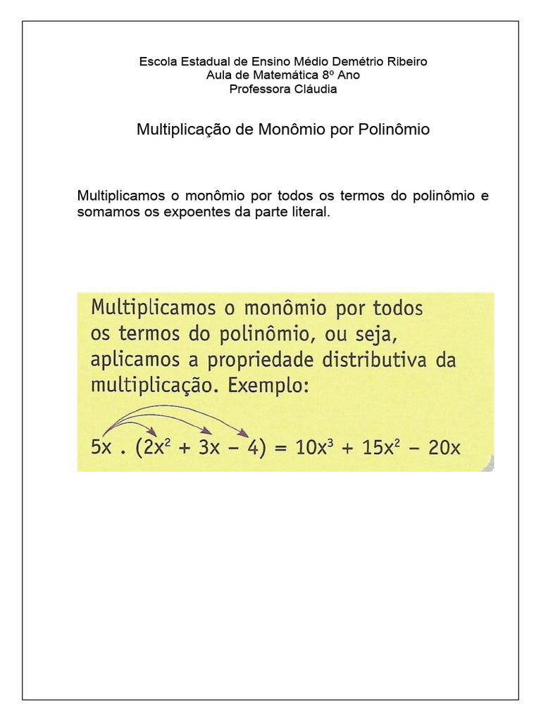MULTIPLICAÇÃO DE MONÔMIO POR POLINÔMIO | PDF