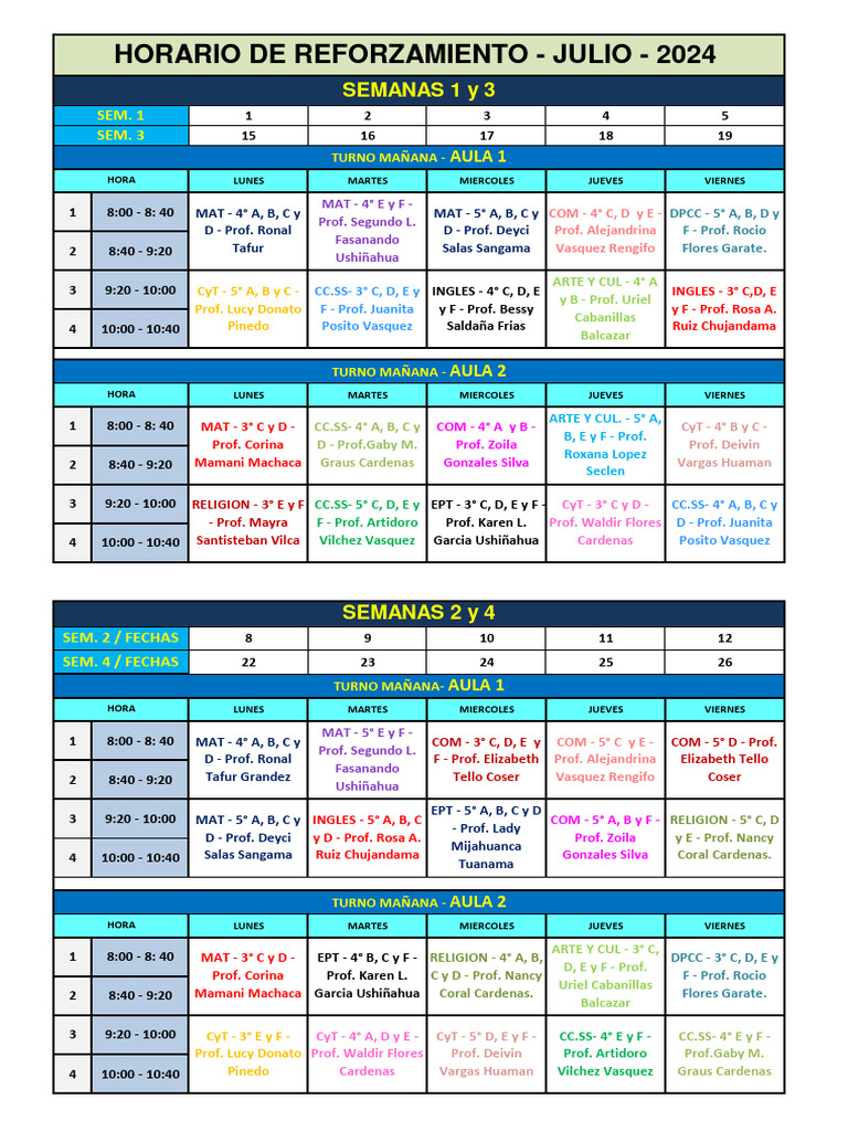 Horario de Clases y Reforzamiento 2024 | PDF | Estudios de idiomas ...