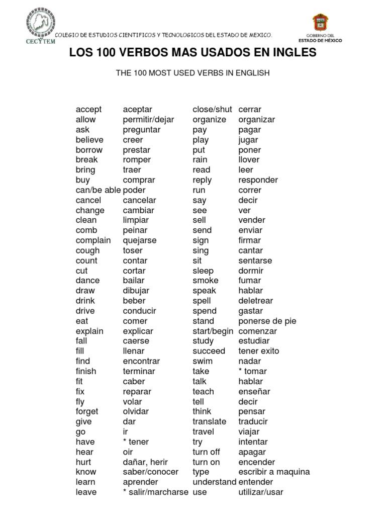 Los Verbos En Ingles Pdf Los 100 Verbos Mas Usados en Ingles | PDF