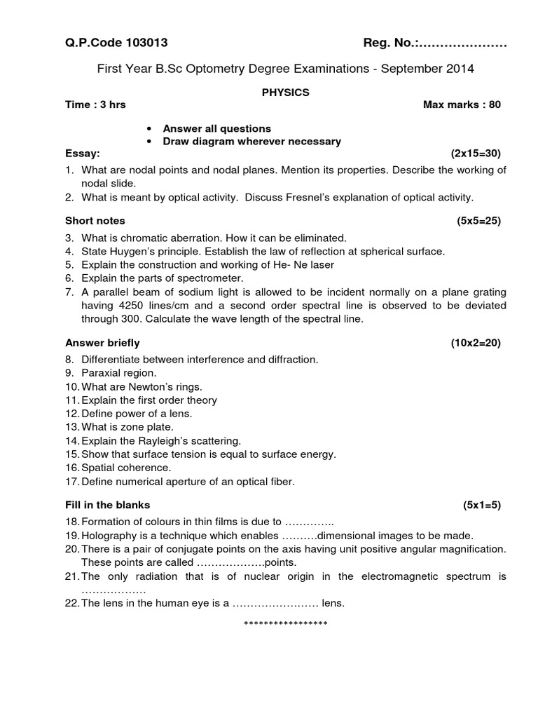 B.Sc Optometry Physics Exam Paper 2014 | PDF | Science & Mathematics