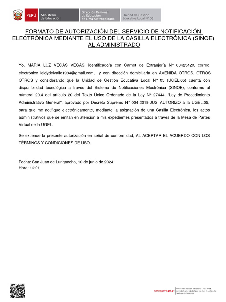 Autorización SINOE UGEL 05 | PDF | Finanzas y dinero
