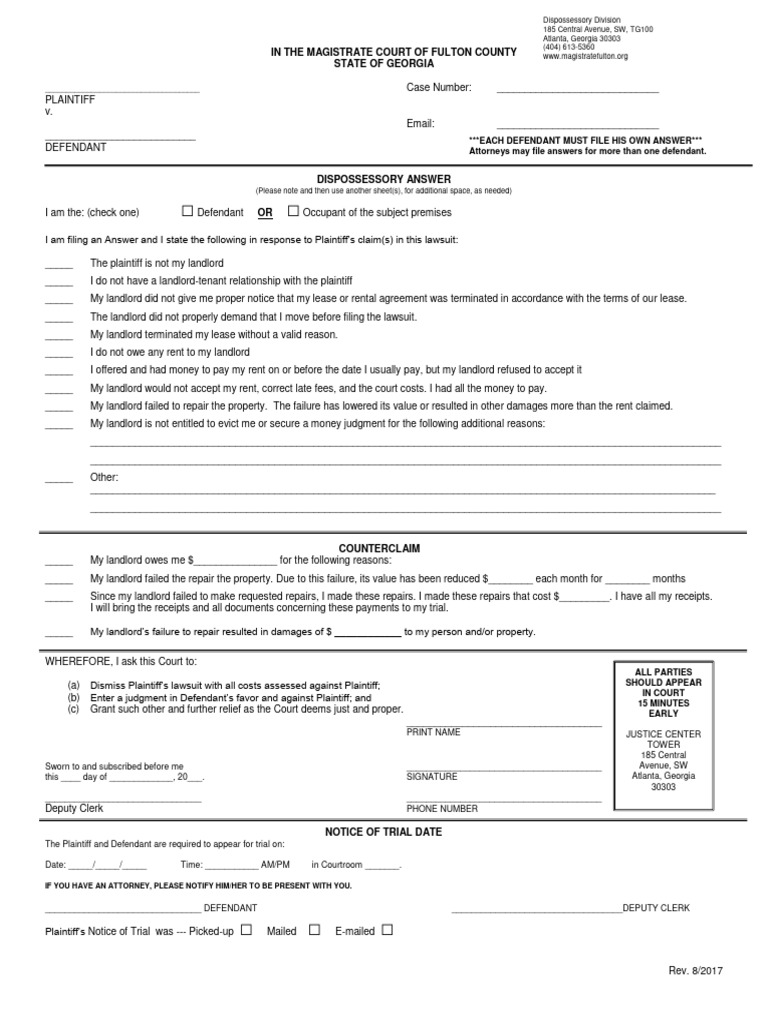 Dispossessory Answer Form Georgia Court | PDF | Landlord | Lawsuit