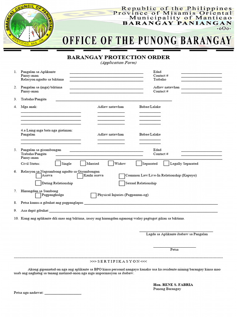 BARANGAY PROTECTION ORDER (Application) PDF