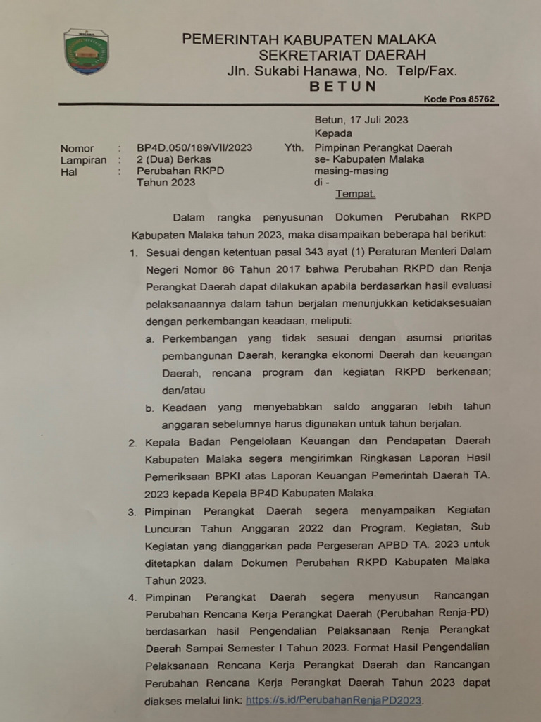 Surat Perubahan RKPD Tahun 2023-2 | PDF