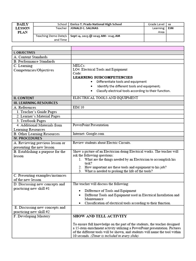 Electrical Tools in EIM Lesson Plan | PDF | Learning | Teachers