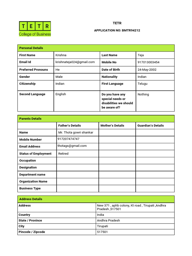 Student Application Form | PDF